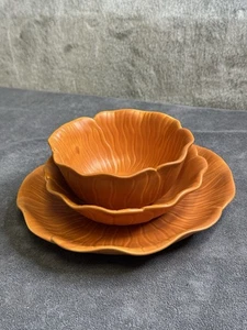 Flower Shape Relief Belmar of California Plate Bowl Set Orange Vintage MCM - Picture 1 of 12