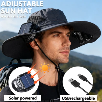 Solar USB Powered Fan Hat Wide Brim Outdoor Fishing Hiking Hat Sun UV Protection - Image 1 of 4