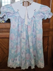 VTG Bryan Pastel Floral Lace Puff Sleeve Bib 80’s Dress USA Girls 6 - Picture 1 of 14