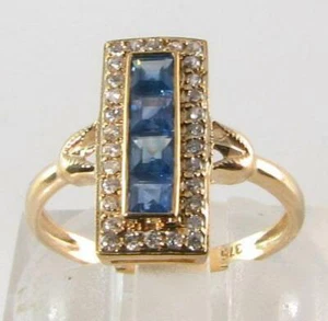 LOVELY 9K GOLD DECO INS Sri LANKAN BLUE SAPPHIRE & DIAMOND LONG RING FREE RESIZE - Picture 1 of 5