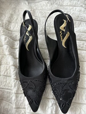 Nina черный атласный блестками размер 7 слинга назад насос обуви, праздник/свадьба/официальный - Изображение 1 из 4