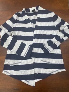 Fluent Life Essentials Womens Open Front Cardigan Sweater White Blue Striped M - Picture 1 of 11
