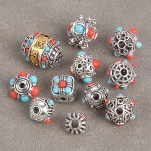 5pcs Nepalese Buddhist Tibetan Silver Color Red Blue Dots Loose Beads DIY Lot - Picture 1 of 14
