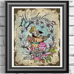 Alice in Wonderland Cupcake Print Vintage Dictionary Page Picture Wall Art - Picture 1 of 3