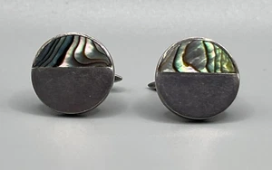 TAXCO Vintage Sterling Silver Abalone Inlay Round Cuff Links Mexico 925 - Picture 1 of 7