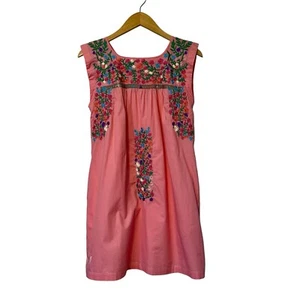 Vestido J. Marie Bordado Rosa Floral Forrado Talla XS Algodón Bolsillos Boho - Imagen 1 de 12