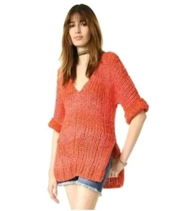 Free People Georgia Half Sleeve V Neck Sweater Size M Orange Chunky Knit - Picture 1 of 11