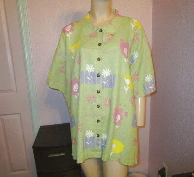 Top de lino Kiko de colección talla 3X túnica abotonada cottagecore artístico Lagenlook floral Foto 1 de 4