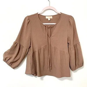 Charmed Hearts Women’s Top XS Cropped Babydoll Brown Tie Neck Ballon Sleeves Y2K - Picture 1 of 9