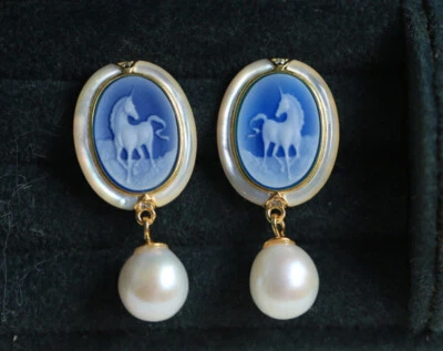 D18 Ohrringe Perle Einhorn Perlmutt blauer Achat Silber 925 vergoldet - Bild 1 von 4