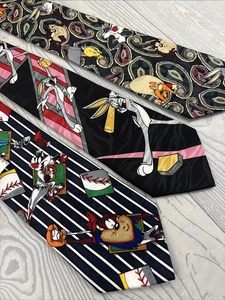 Vintage Lot of 3 90s Men's Looney Tunes Neck Ties Bugs Bunny Taz Tweety Daffy - Picture 1 of 12