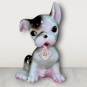 Vintage Porcelain French Bulldog Canine Figurine Pink Flower Ear Raised Japan - Picture 1 of 6