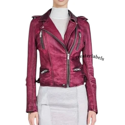 IRO Barby Distressed Leather Moto Jacket Bordeaux $1275 Size 0 US XS/2 - Image 1 of 4