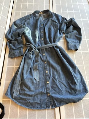 Eileen Fisher Dress Womens Large Blue Denim Cotton Belted Shirt With Measurents - Image 1 of 4