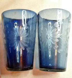 BLUE GLASS TUMBLERS (IRREGULAR PAIR) HAND MADE & ETCHED 6" TALL 11*8*23B - Picture 1 of 6
