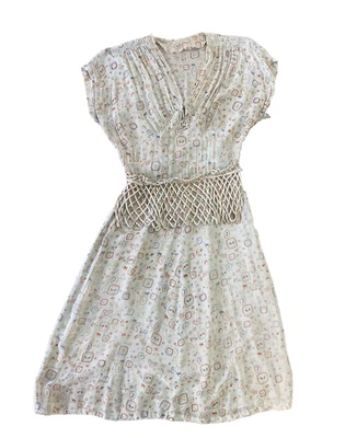 Vintage 1930s 1940s Novelty Print Silk Rayon Butterfly Dog Dress Lattice Waist - Image 1 of 4