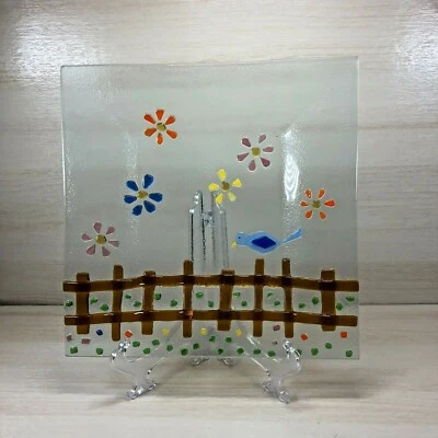 Placa de vidrio artístico 3D fundido valla para pájaros flores de primavera cuadradas de 10 x 10 pulgadas Foto 1 de 4