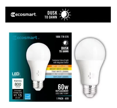 EcoSmart 60-W Equivalent A19 Dimmable CEC Dusk to Dawn LED Light Bulb (1 Pack) - Image 1 of 4