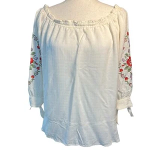 Democracy Top mit Blumenstickerei, Cold Shoulder, 3/4 Arm, creme, Größe Small - Bild 1 von 14