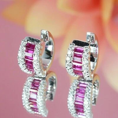 2Ct Baguette  Cut Lab-Created Ruby Huggie Hoop Earrings In 14k White Gold Plated - Image 1 of 4
