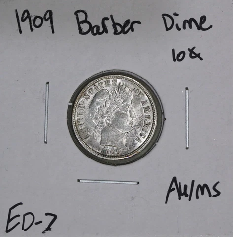 1909-P (AU/UNC) Barber Dime 10c - About Uncirculated US Coin Cover