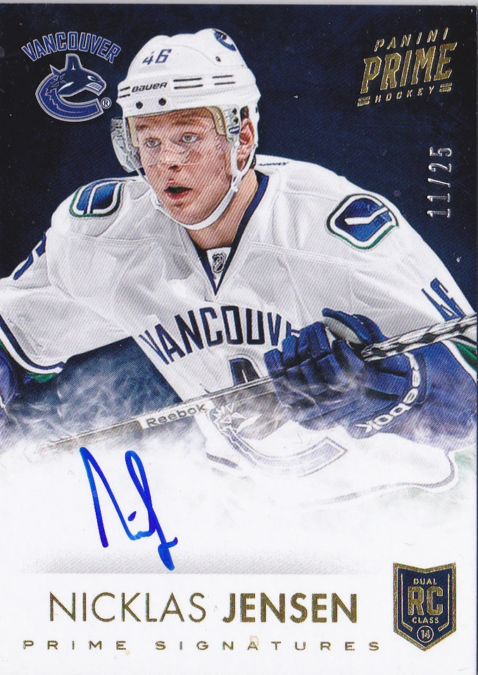 13-14 Panini Prime Nicklas Jensen /25 Auto GOLD Signatures Canucks 2013 - Image 1 of 1