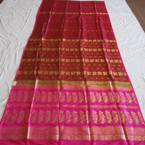 NEW FRAGRANT CHERRY Gold SILK Blend Sari MESMERIZING Fabric BANARASI Sare WINDOW - Picture 1 of 9