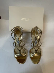 JIMMY CHOO GOLD STRAPPY /SEXY HIGH HEEL DASHA 093 LEATHER SANDALS sz 39- NIB - Picture 1 of 10