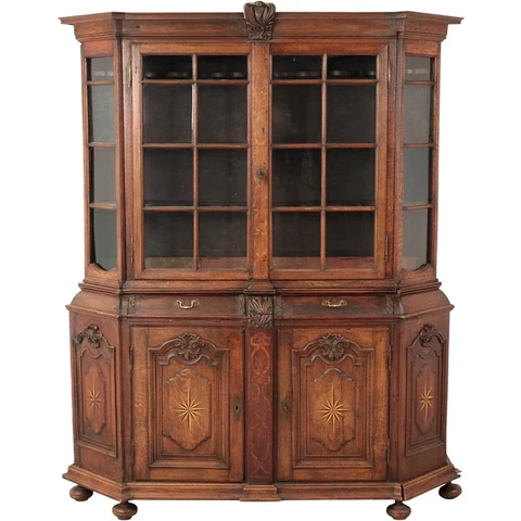 Antique Dutch Baroque Inlaid Oak and Glass Display Cabinet 18th century Cover