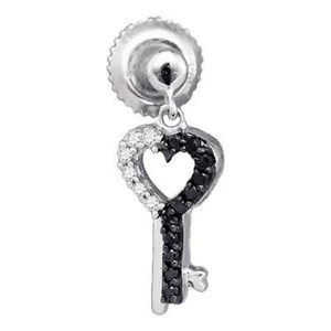 10K WHITE GOLD BLACK DIAMOND KEY HEART DANGLE EARRINGS 1/6 CTTW - Picture 1 of 1