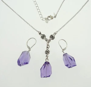 Avon Vintage Purple Faceted Y Necklace & Earrings Set Silver Tone Jewelry - Picture 1 of 1