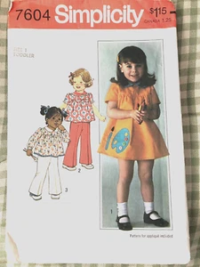 Simplicity 7604 size 1 Toddler Girls Pants Top and Dress With Applique - Picture 1 of 3