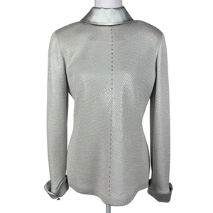 St John Santana Strick Abend Top Damen 4 Silber Blau Eis Pailletten Seidenbesatz - Bild 1 von 14