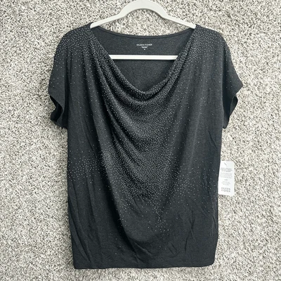 Eileen Fisher Top Women’s M Gray Beaded Jersey Drape Neck Short Sleeve Tunic NWT - Image 1 of 4