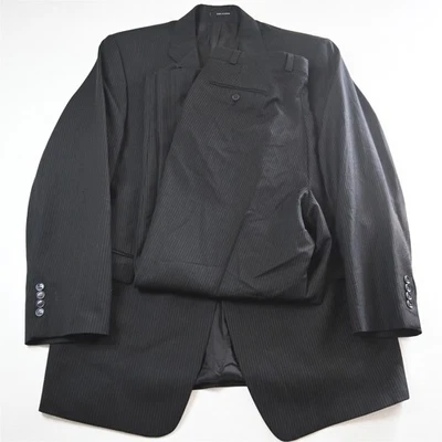 Vtg 2000s Y2K Boxy Calvin Klein 46L 36x32 Black Striped 100% Wool Mens Suit - Image 1 of 4