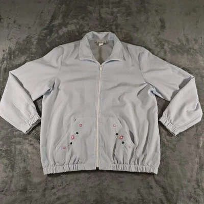 Blair 夹克上衣女式 M 蓝色条纹泡泡纱花卉刺绣拉链 — 第 1/4 张图片