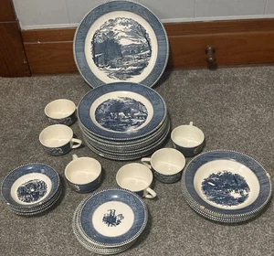 Currier And Ives Plate Dish Set Cups 33 Piece Set Early Winter Old Grist Mill - Picture 1 of 20