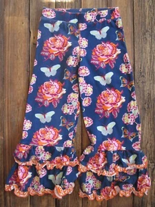 Boutique Designer Girls 7/8 Ruffle Pants Butterfly Floral Cotton Stretch Egypt - Picture 1 of 8