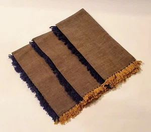 Set of 3 Pottery Barn 100% Cotton Cloth Dinner Napkins Blue & Gold Fringe India - Picture 1 of 3