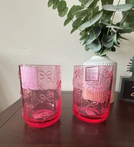 Cupcakes and Cashmere Dark PINK Bow Acrylic Tumblers 4.5” Tall Cup Set Of 2 NEW - Picture 1 of 3