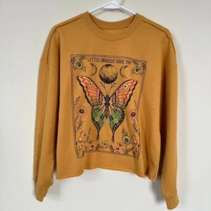 Zoe + Liv Butterfly Sweatshirt Cropped Oversized Yellow Women's Size SMALL - Picture 1 of 11