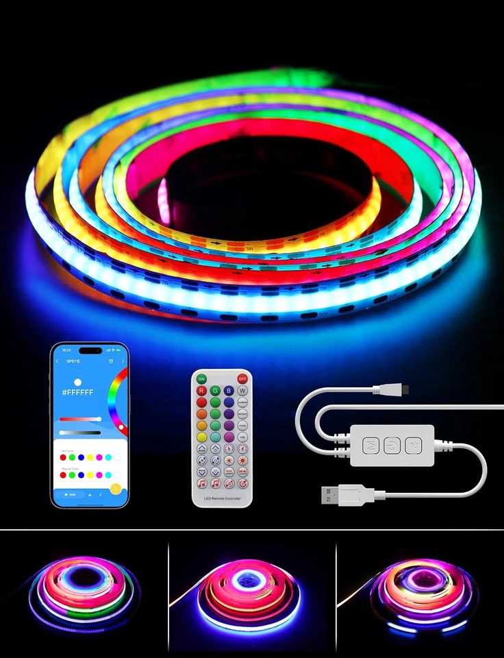RGB RGB+IC LED COB Strips Lights 5V USB Flexible Rope Smart Wifi Bluetooth APP - Image 1 of 4