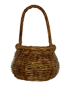 Vintage Hand Crafted Small Wicker Egg Basket + Handle & Liner Primitive Rustic - Picture 1 of 13
