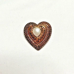 Vintage Brass Heart Brooch Etched Pin Cabochon Faux Pearl Taiwan - Picture 1 of 6