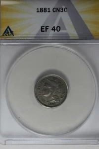 1881 .03 ANACS EF 40 Three Cent Nickel, Liberty Three Cent Piece - Picture 1 of 2