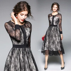 Damen Sommer Temperament Kleid runder Kragen Spitze hohl aus hochtaillierte Kleider - Bild 1 von 16