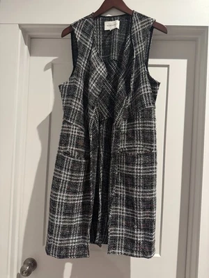 BCBGeneration Tweed Black White Plaid Pockets Boucle Layering Duster Long Vest - Image 1 of 4