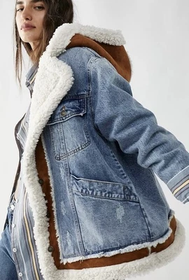 Free People Magnolia Cozy Denim Faux Shearling Sherpa Jean Jacket Blue Small - Image 1 of 4