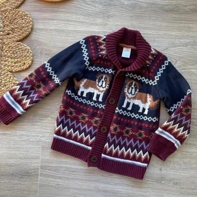 Gymboree Boys Knit Dog Fair Isle Sweater Cardigan 'Playful Pups' Bulldog Preppy  - Image 1 of 4