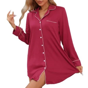cheibear Women's Long Sleeve Button Down Sleepshirt Loungewear Nightgown Red - Picture 1 of 4